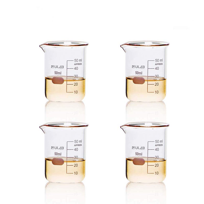 ULAB Glass Beakers Shot Glass, Vol. 50ml, 3.3 Borosilicate Griffin Low form with Printed Graduation, Pack of 4, UBG1019 - Image 1